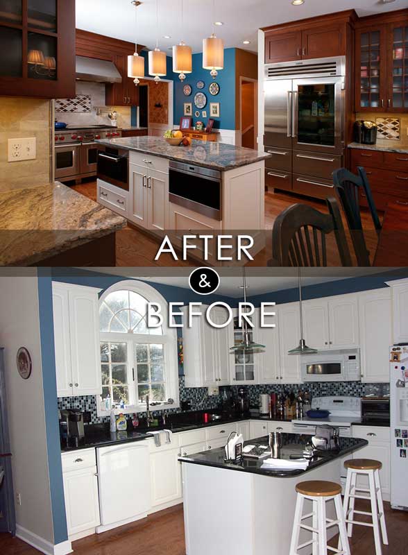 before and after photo of transitional cherry kitchen in center valley pa by Morris Black Designs