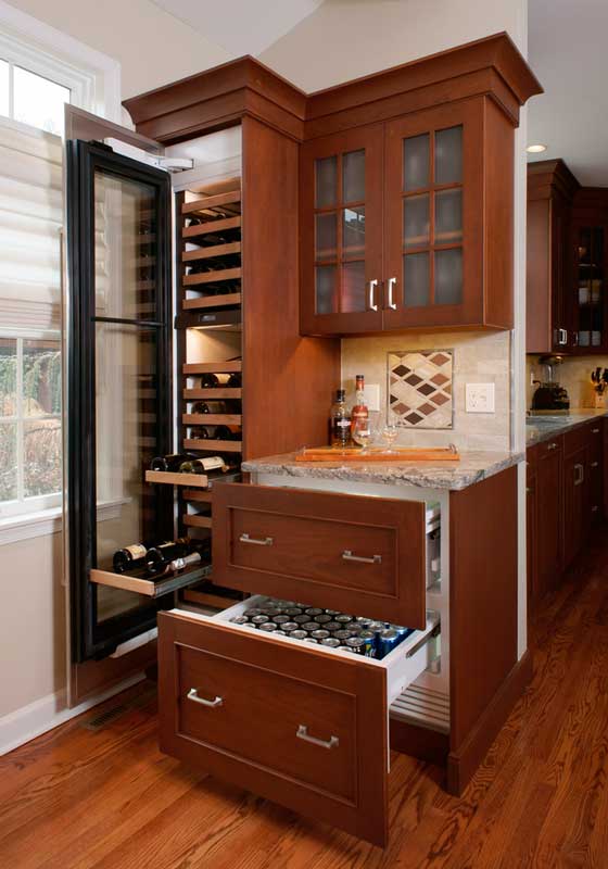 the perfect beverage center including tall wine refrigerator and built in refrigerated drawers for cold beverages